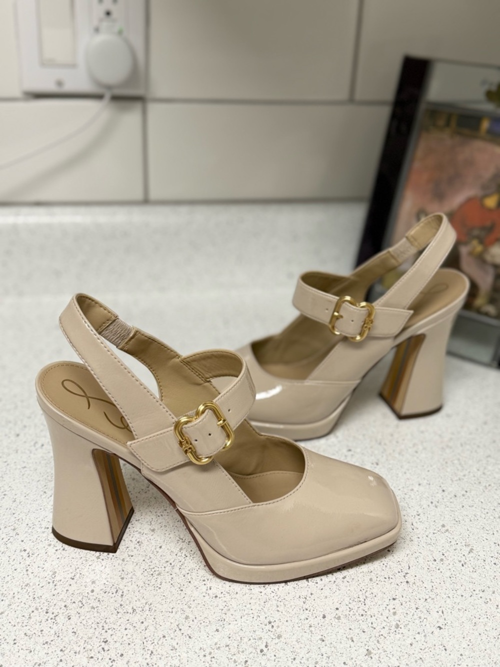 Sam Edelman Cream Patent Slingback Block Heels with Gold Buckle - Picture 2 of 7